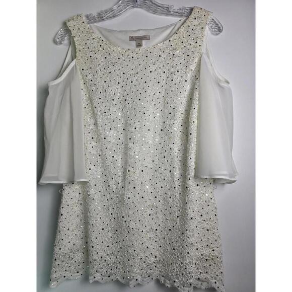Cold Shoulder White Lace Top With Sequins Chiffon Sleeves Scalloped Hemline Sz M - Picture 2 of 8